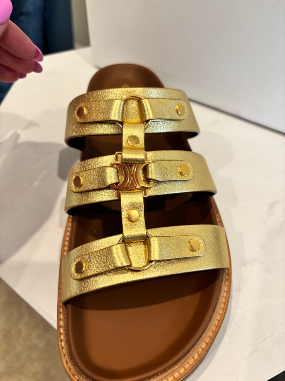 Celine Triomphe Mule 30 Metallic Gold Leather Triple-Strap Slides - Picture 11 of 14